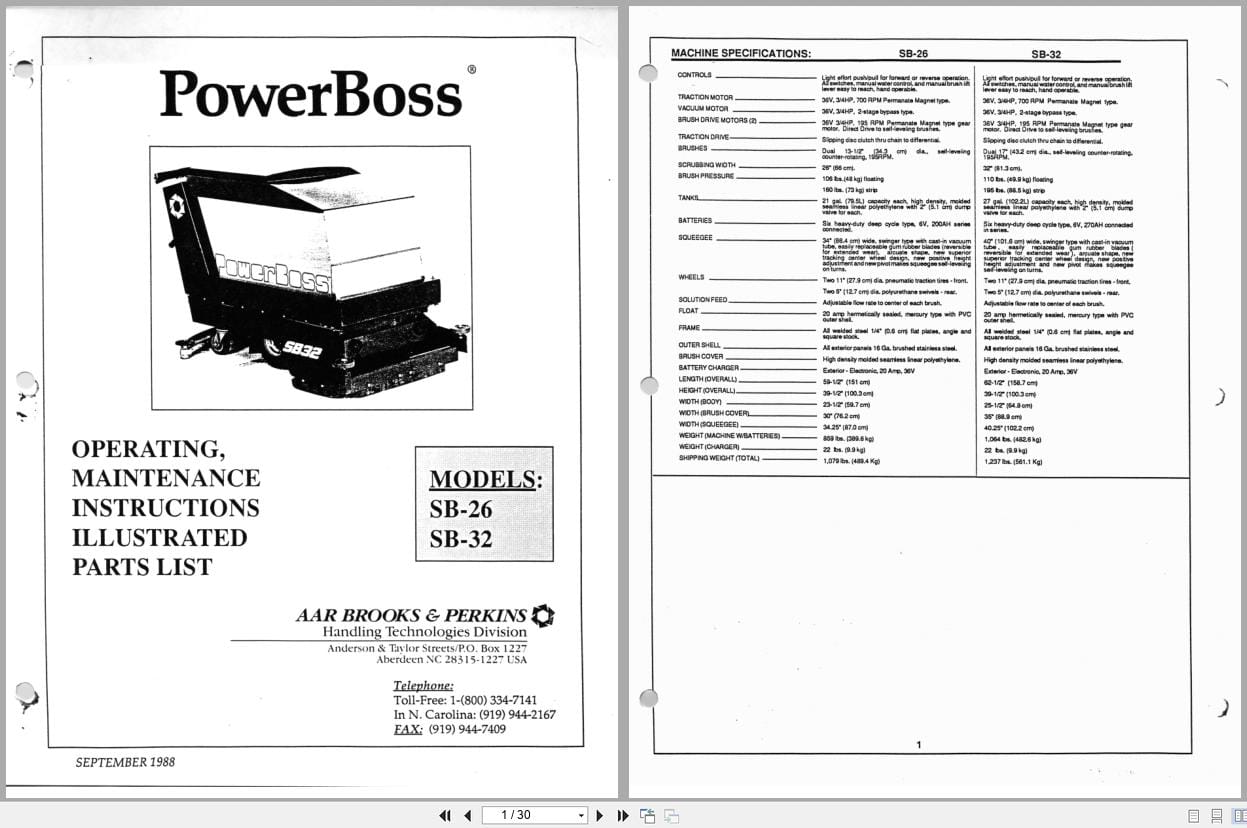 PowerBoss Scrubber SB 26 SB 32 Operating Maintenance Instructions Parts (1)