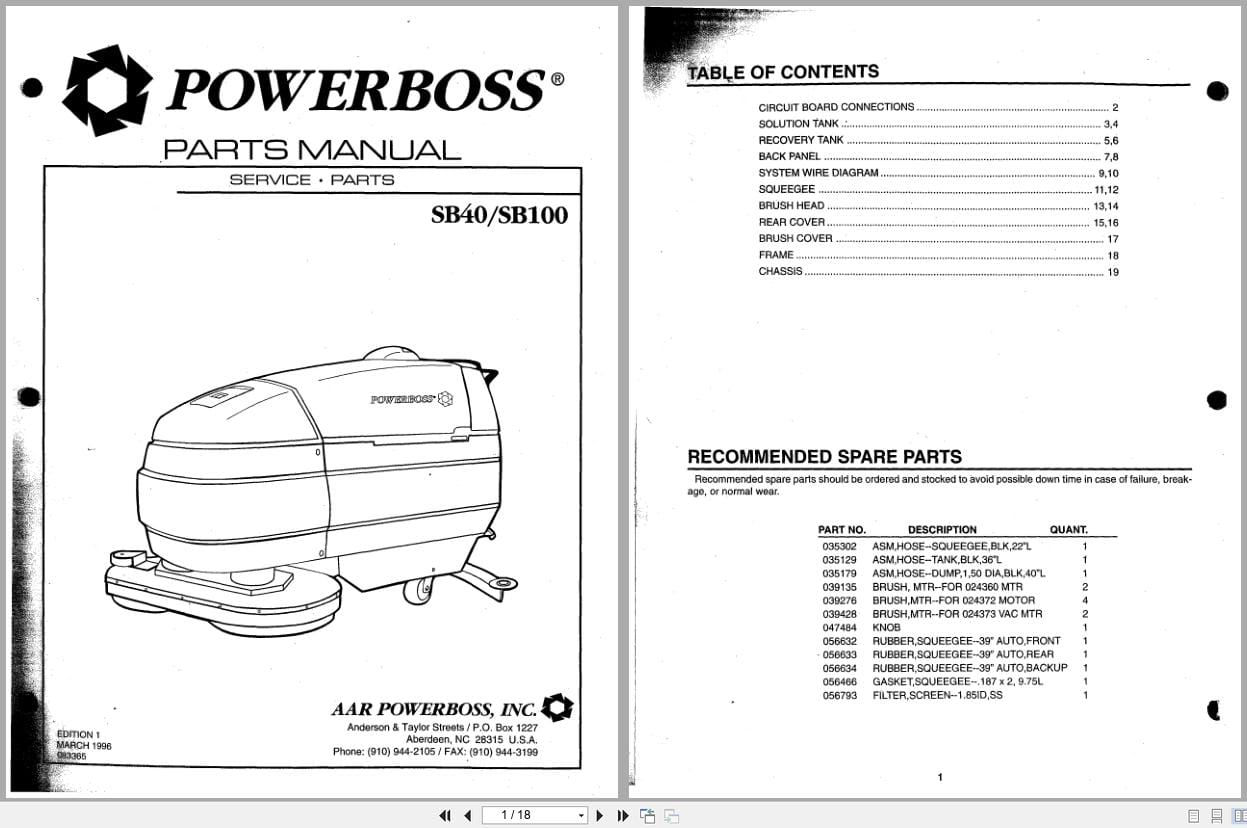 PowerBoss Scrubber SB40 SB100 Parts Manual 083365 (1)