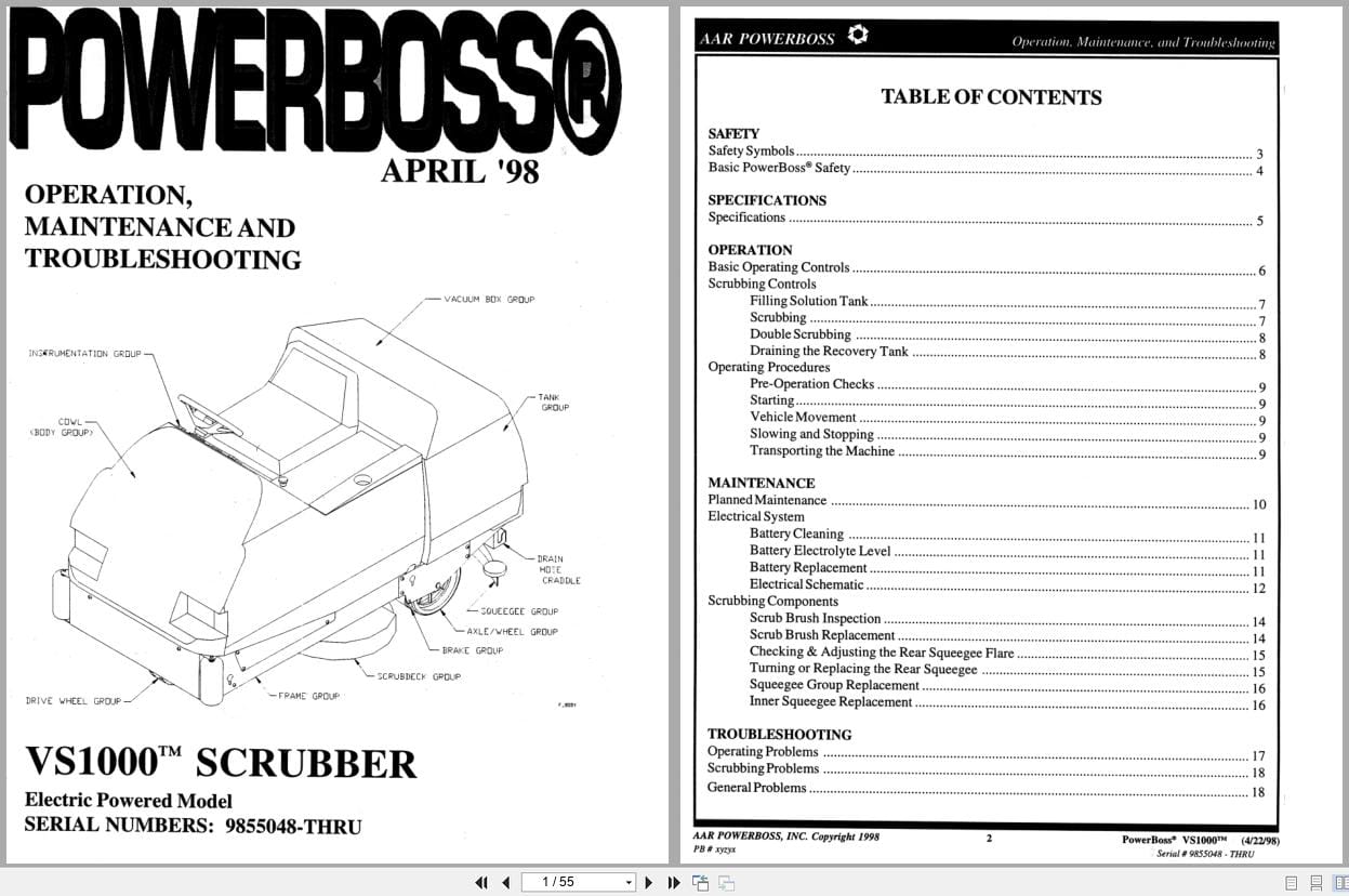 PowerBoss Scrubber SV1000 Operation Maintenance Troubleshooting Manual 324406 (1)