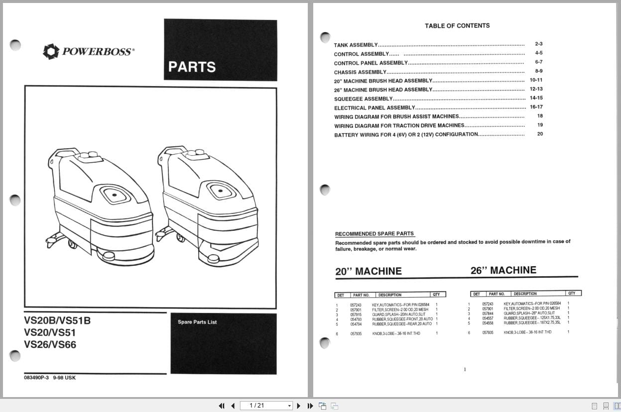 PowerBoss Scrubber VS20B VS20 VS26 VS51B VS51 VS66 Spare Parts List 083490P 3 (1)