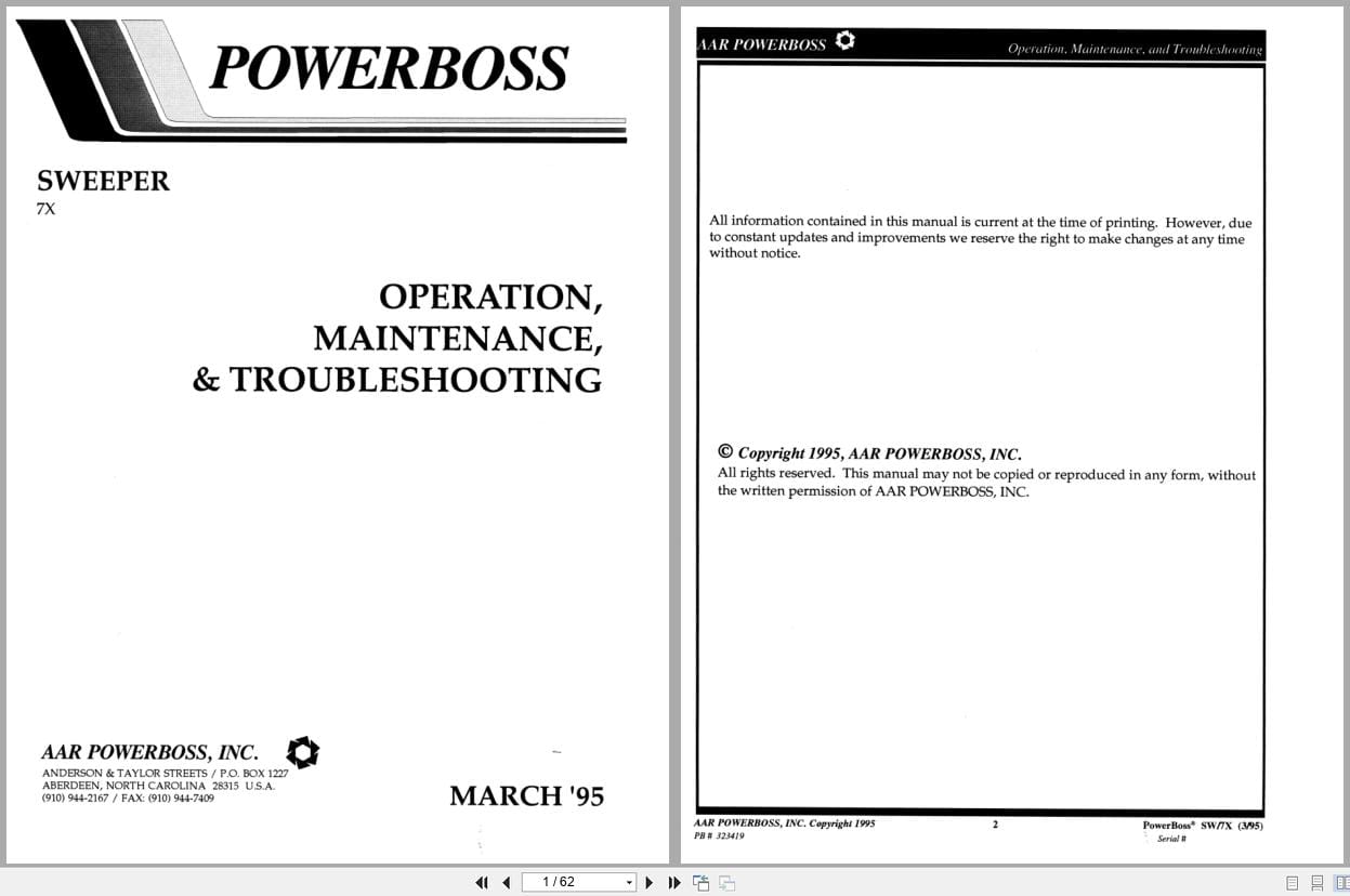 PowerBoss Sweeper 7X Operation Maintenance Troubleshooting Parts Manual (1)