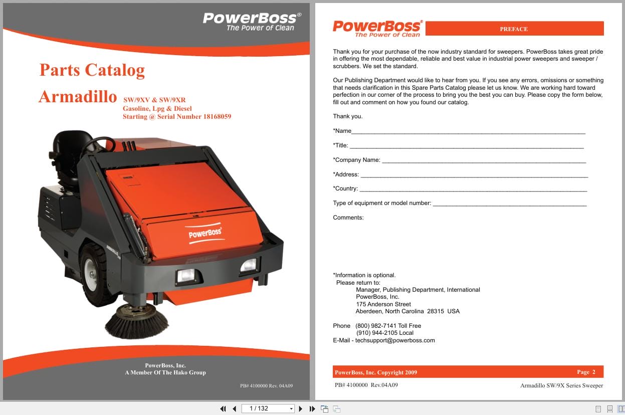 PowerBoss Sweeper Armadillo SW 9XV SW 9XR Parts Catalog Wiring Diagram 4100000 2009 (1)
