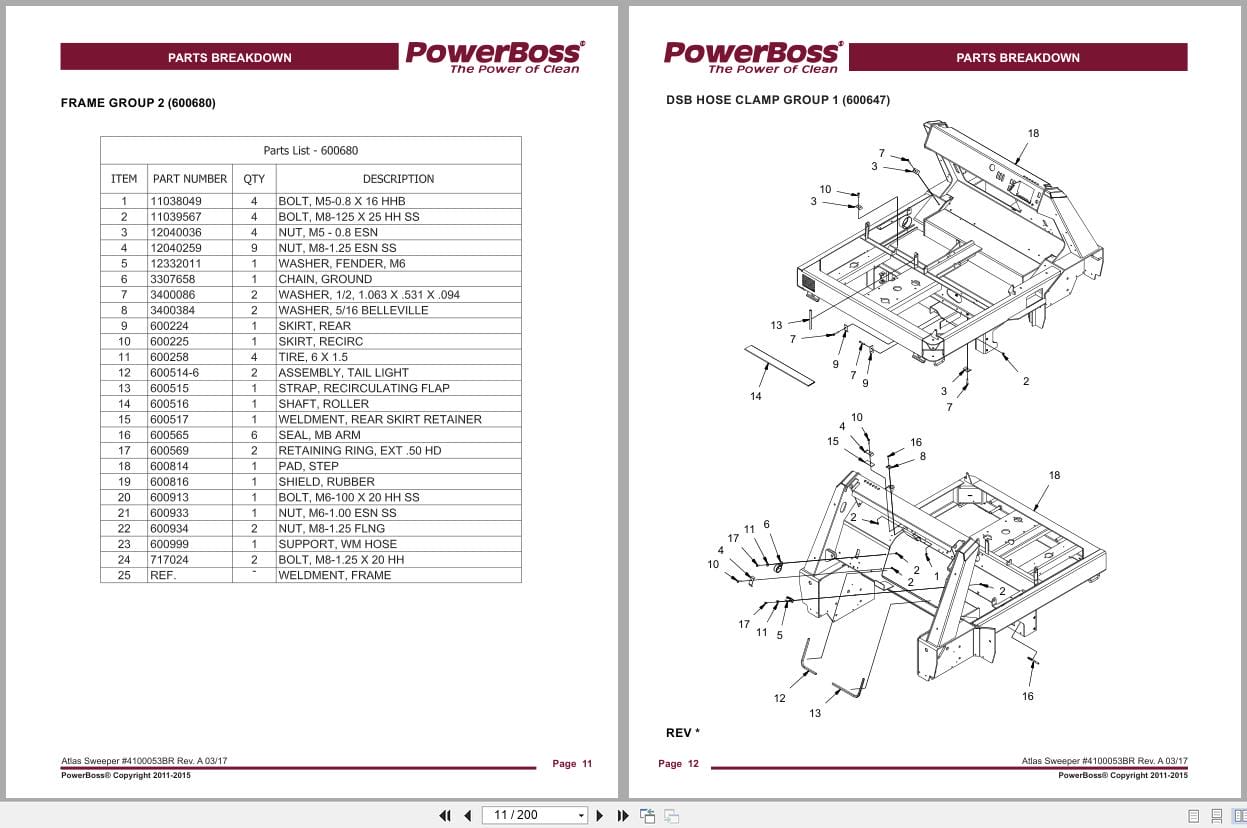 PowerBoss Sweeper Atlas PB620DSL DSBBR Parts Catalog Wiring Diagram 4100053BR 2017 (2)