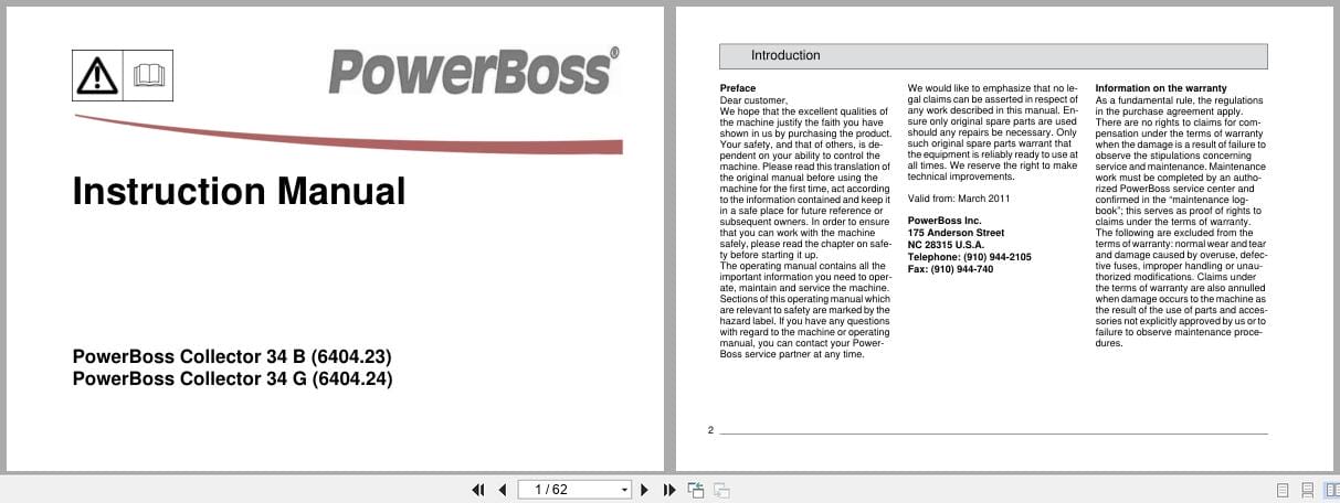 PowerBoss Sweeper Collector 34B 34G Instructions Manual 88 10 2970 (1)