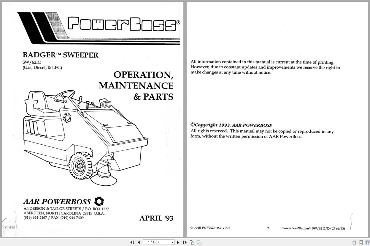 PowerBoss Sweeper SW 62IC Operation Maintenance Parts (1)