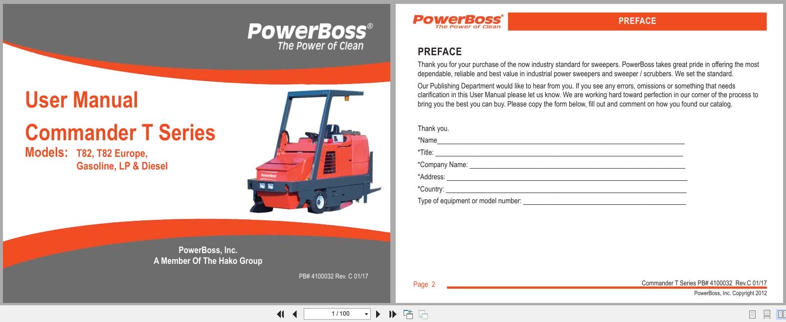 PowerBoss Sweeper Scrubber Commander T82 User Manual 4100032 2017 (1)