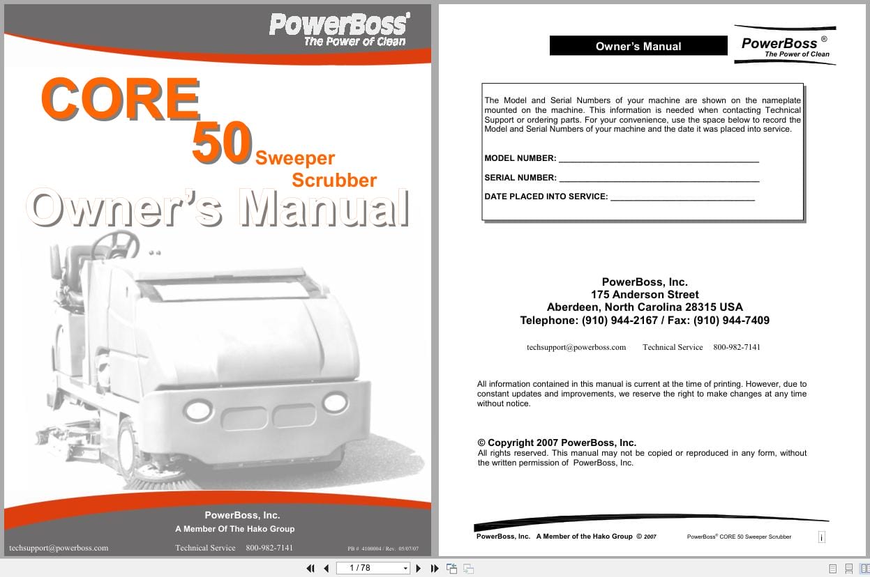 PowerBoss Sweeper Scrubber Core 50 Owners Manual 4100004 2007 (1)