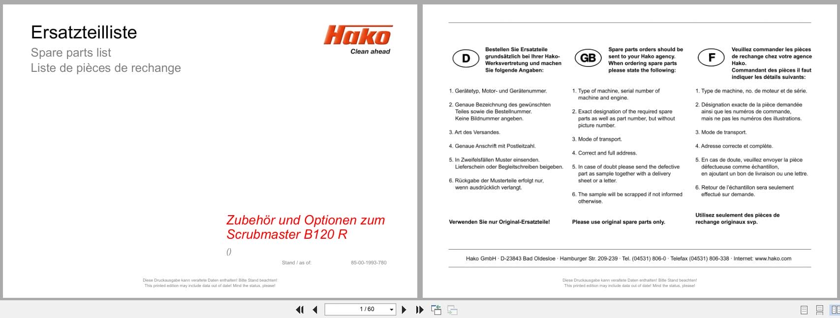 PowerBoss Sweeper Scrubmaster B120R Option Spare Parts List 85 00 1993 780 DE EN FR (1)