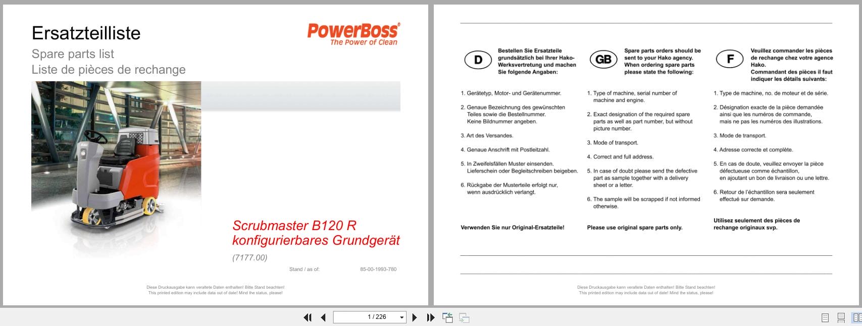 PowerBoss Sweeper Scrubmaster B120R Spare Parts List 85 00 1993 780 DE EN FR (1)