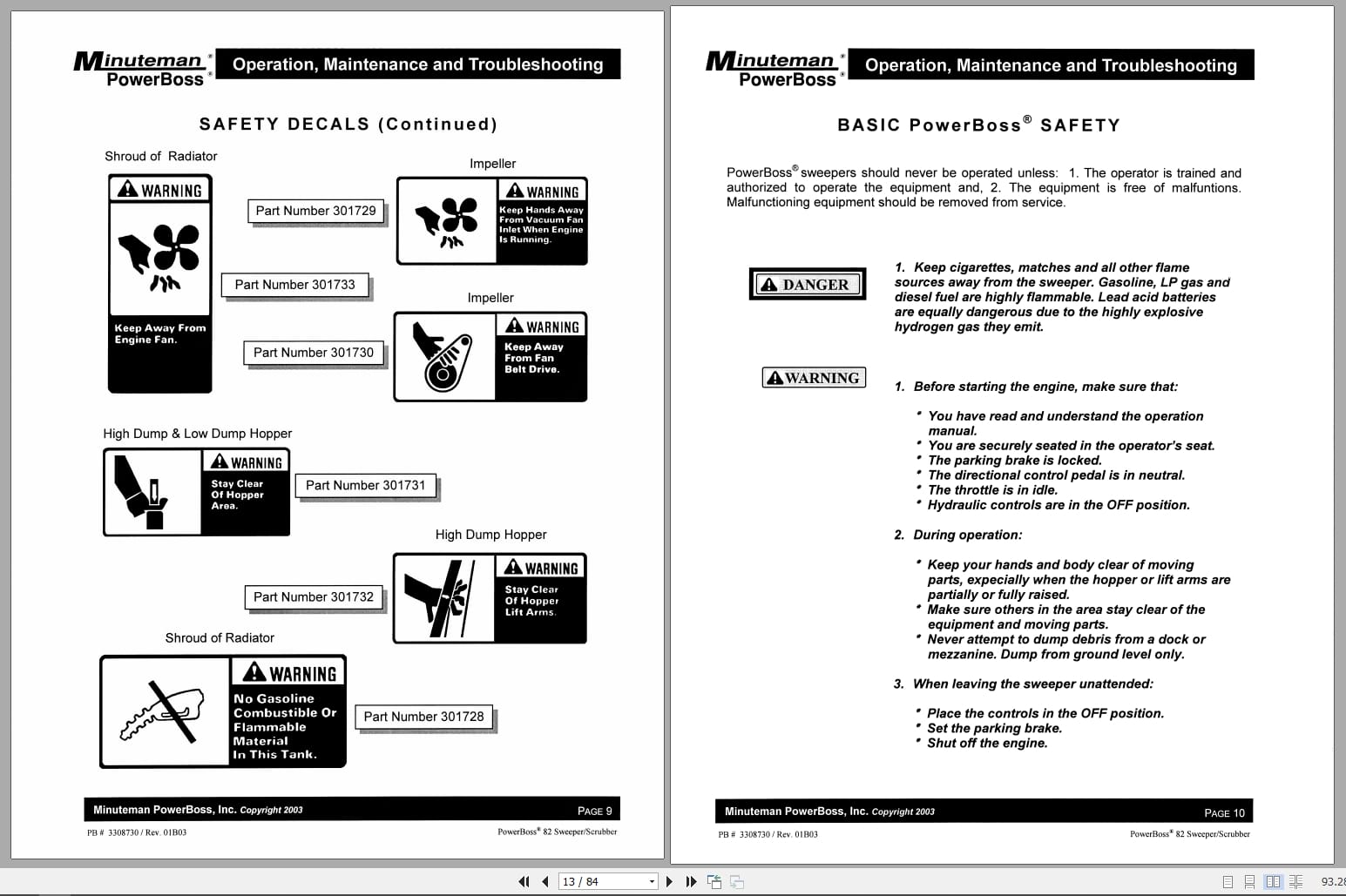 PowerBoss Sweeper TSS 82 ISS 82 CSS 82 Operation Parts Troubleshooting 3308731 2003 (2)