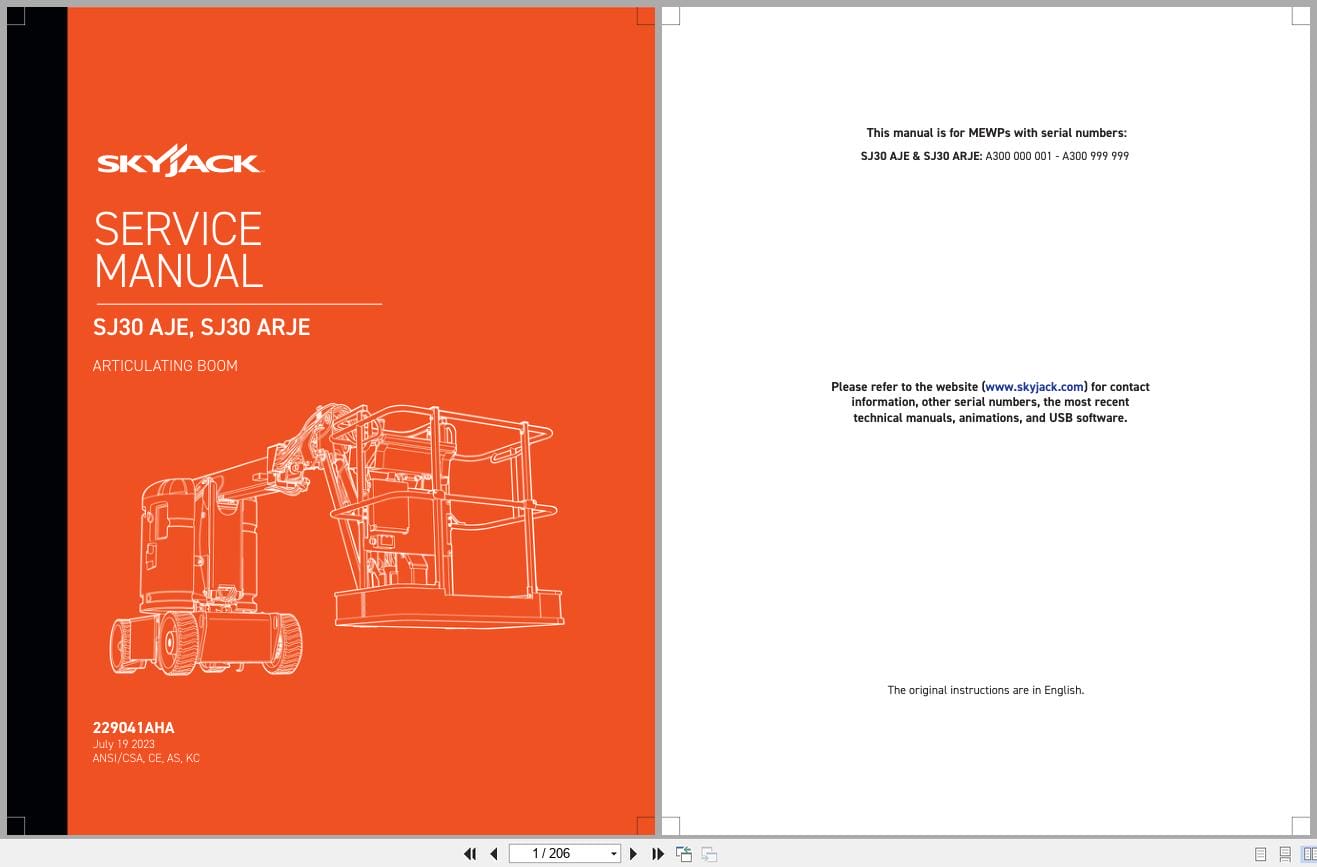 Skyjack Articulating Boom Lift SJ30AJE SJ30ARJE Service Manual 229041AHA 2023 (1)