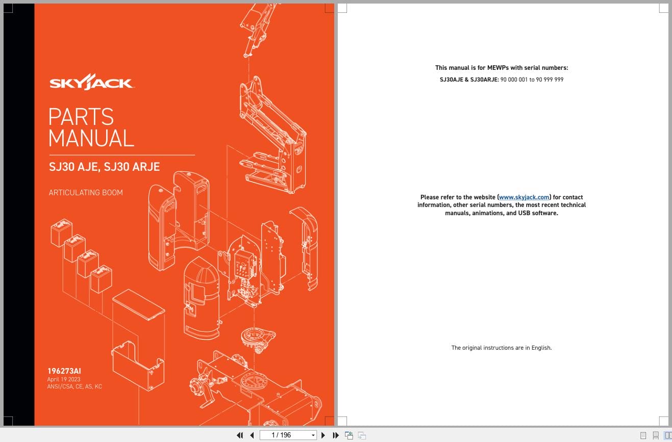 Skyjack Articulating Booms SJ30AJE SJ30ARJE Parts Manual 196273AI 2023 (1)