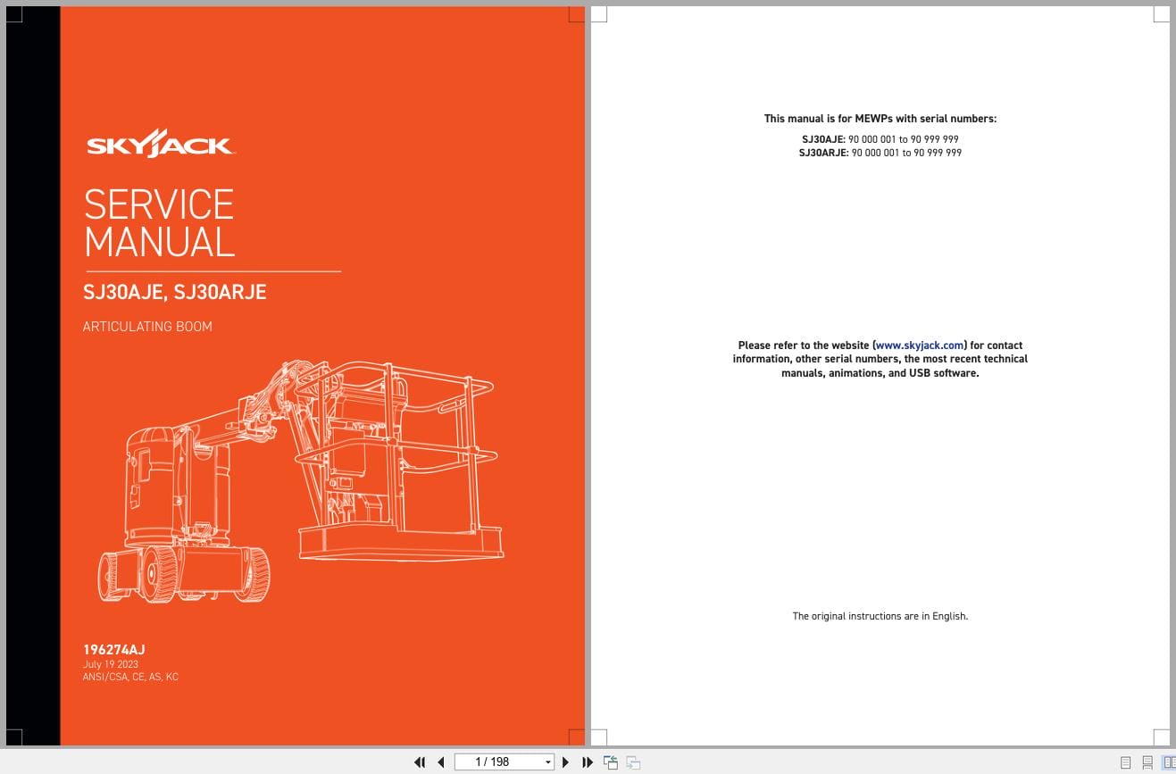 Skyjack Articulating Booms SJ30AJE SJ30ARJE Service Manual 196274AJ 2023 (1)