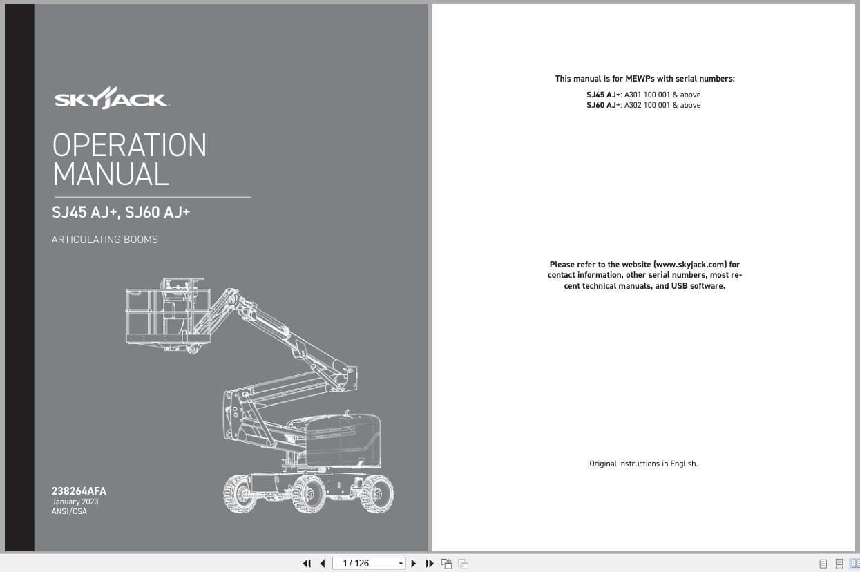 Skyjack Articulating Booms SJ45AJ+ SJ60AJ+ Operating Manual 238264AFA 2023 (1)