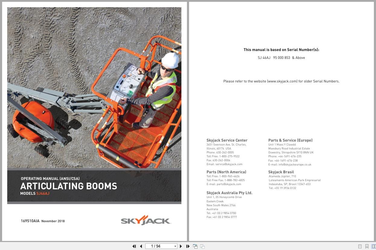 Skyjack Articulating Booms SJ46AJ Operating Manual 169510AIA 2018 (1)