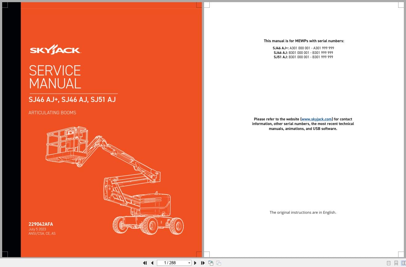 Skyjack Articulating Booms SJ46AJ+ SJ46AJ SJ51AJ Service Manual 229042AFA 2023 (1)