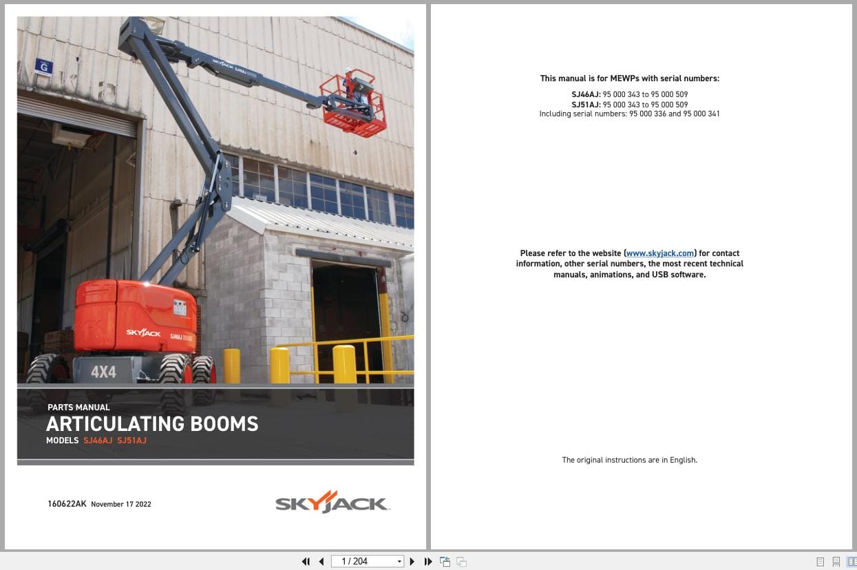 Skyjack Articulating Booms SJ46AJ SJ51AJ Parts Manual 160622AK 2022 (1)