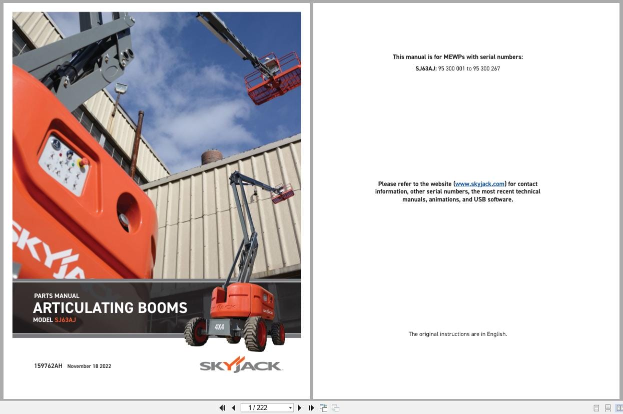 Skyjack Articulating Booms SJ63AJ Parts Manual 159762AH 2022 (1)