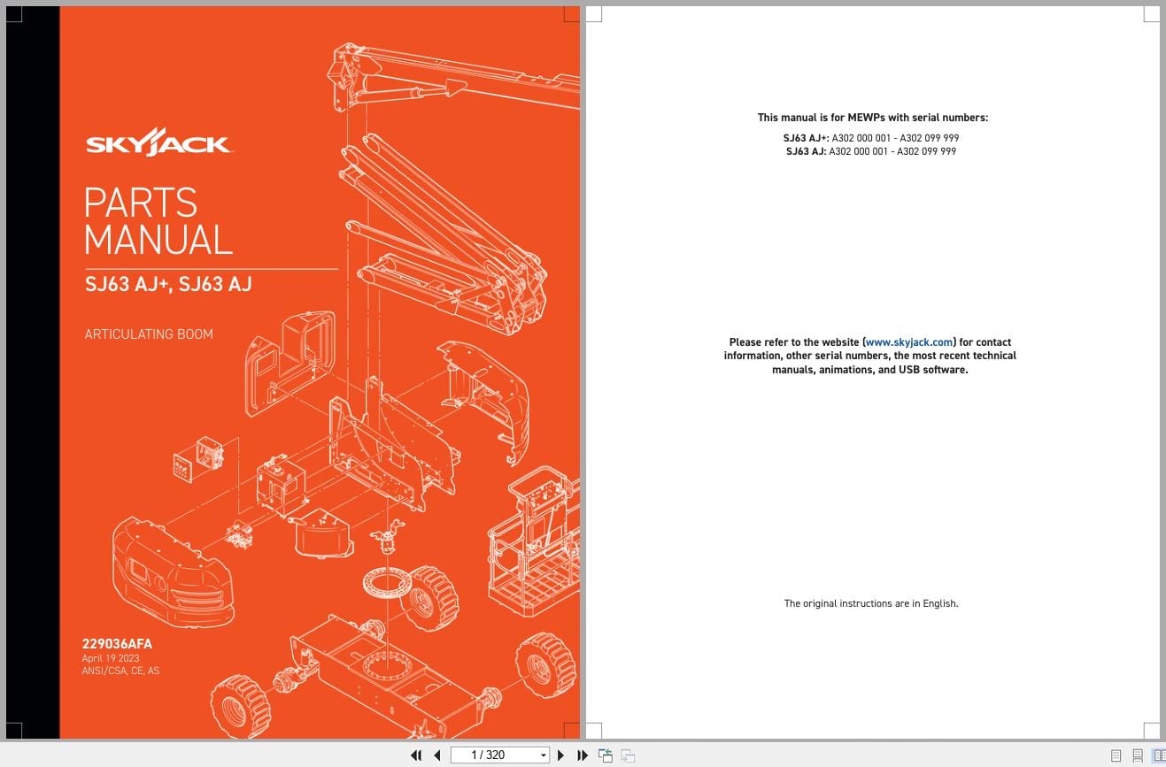 Skyjack Articulating Booms SJ63AJ+ SJ63AJ Parts Manual 229036AFA 2023 (1)
