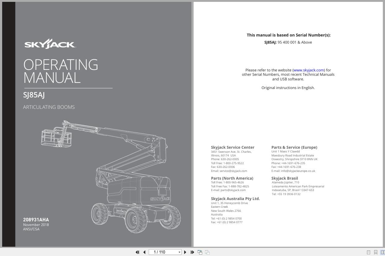 Skyjack Articulating Booms SJ85AJ Operating Manual 208931AHA 2018 (1)