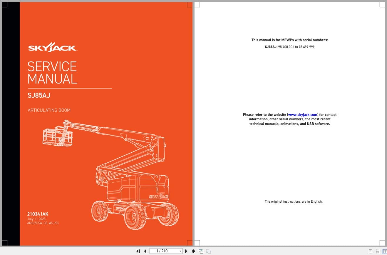 Skyjack Articulating Booms SJ85AJ Service Manual 210341AK 2023 (1)