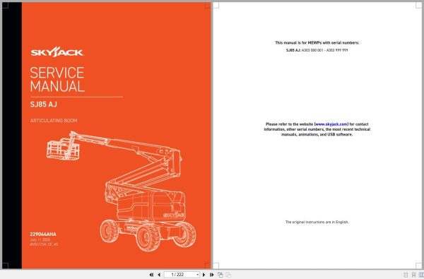 Skyjack Articulating Booms SJ85AJ Service Manual 229044AHA 2023 (1) Skyjack Articulating Booms SJ85AJ Service Manual 229044AHA 2023 (1)