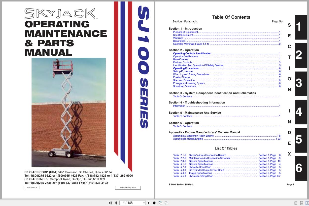 Skyjack DC Electric Scissors SJ100 Series Operating Maintenance Parts Manual 104280 AA 2002 (1)