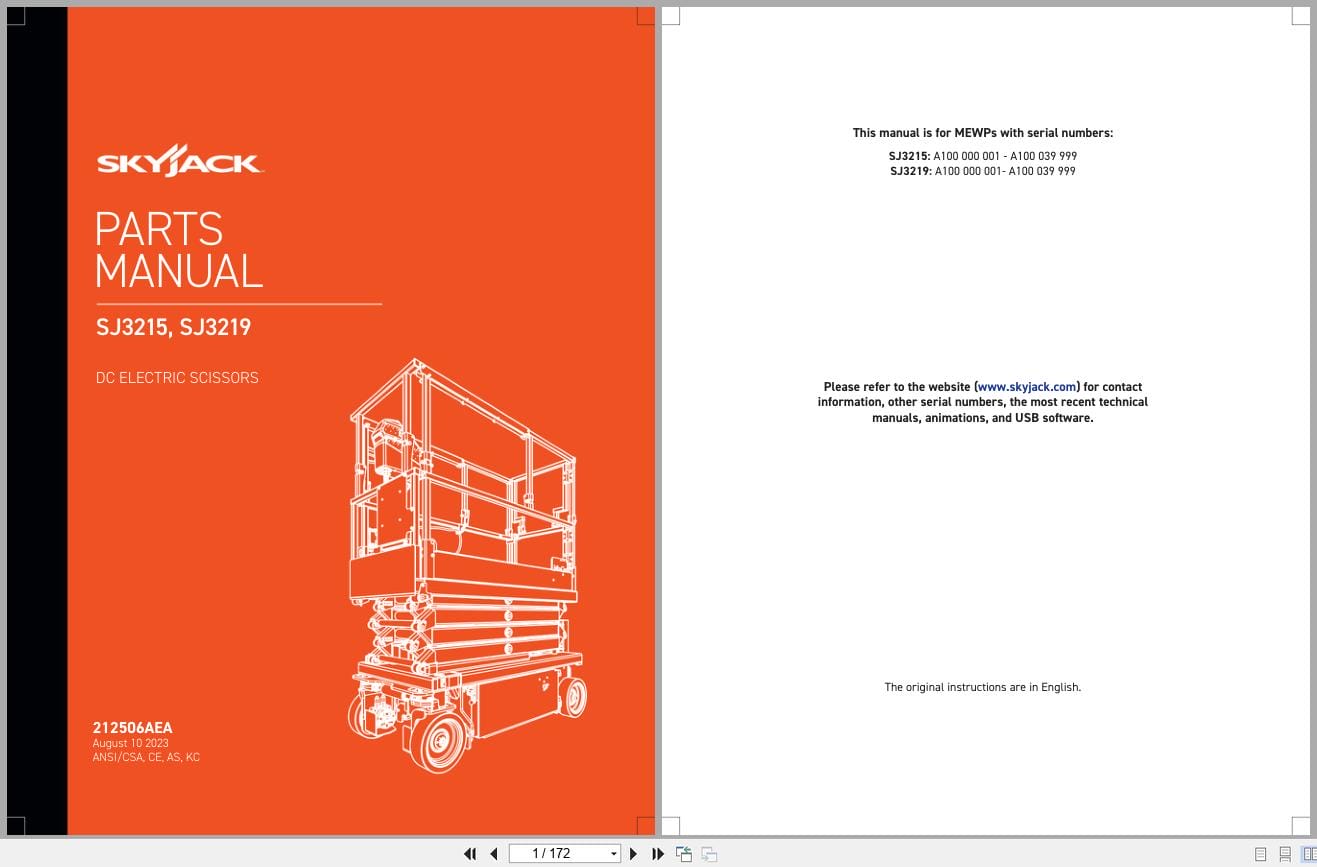 Skyjack DC Electric Scissors SJ3215 SJ3219 Parts Manual 212506AEA 2023 (1)