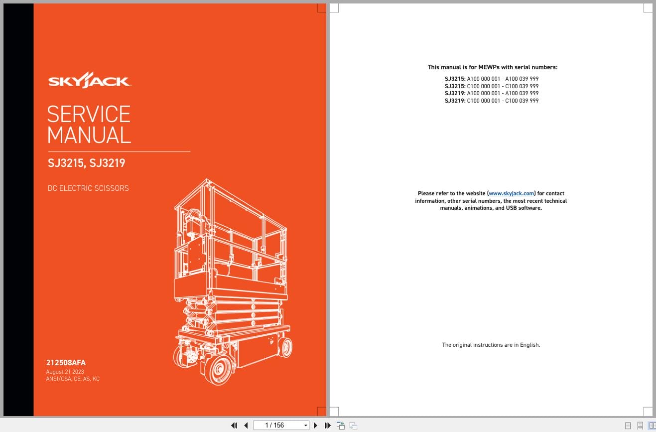 Skyjack DC Electric Scissors SJ3215 SJ3219 Service Manual 212508AFA 2023 (1)