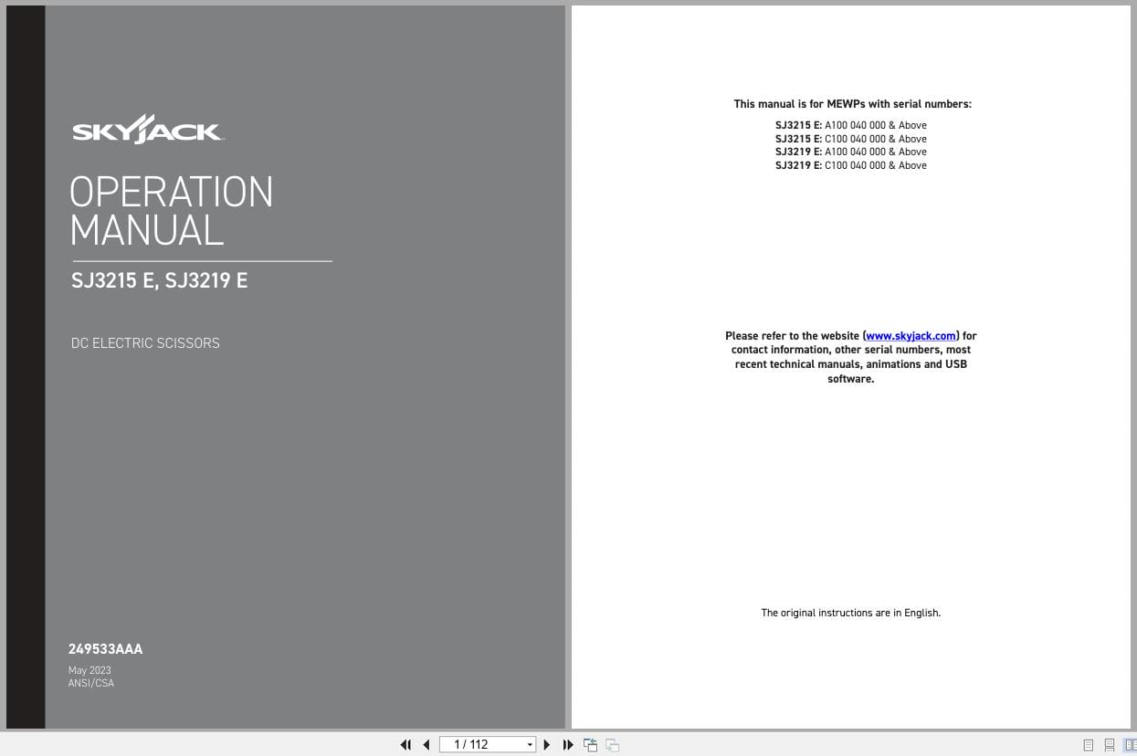 Skyjack DC Electric Scissors SJ3215E SJ3219E Operating Manual 249533AAA 2023 (1)