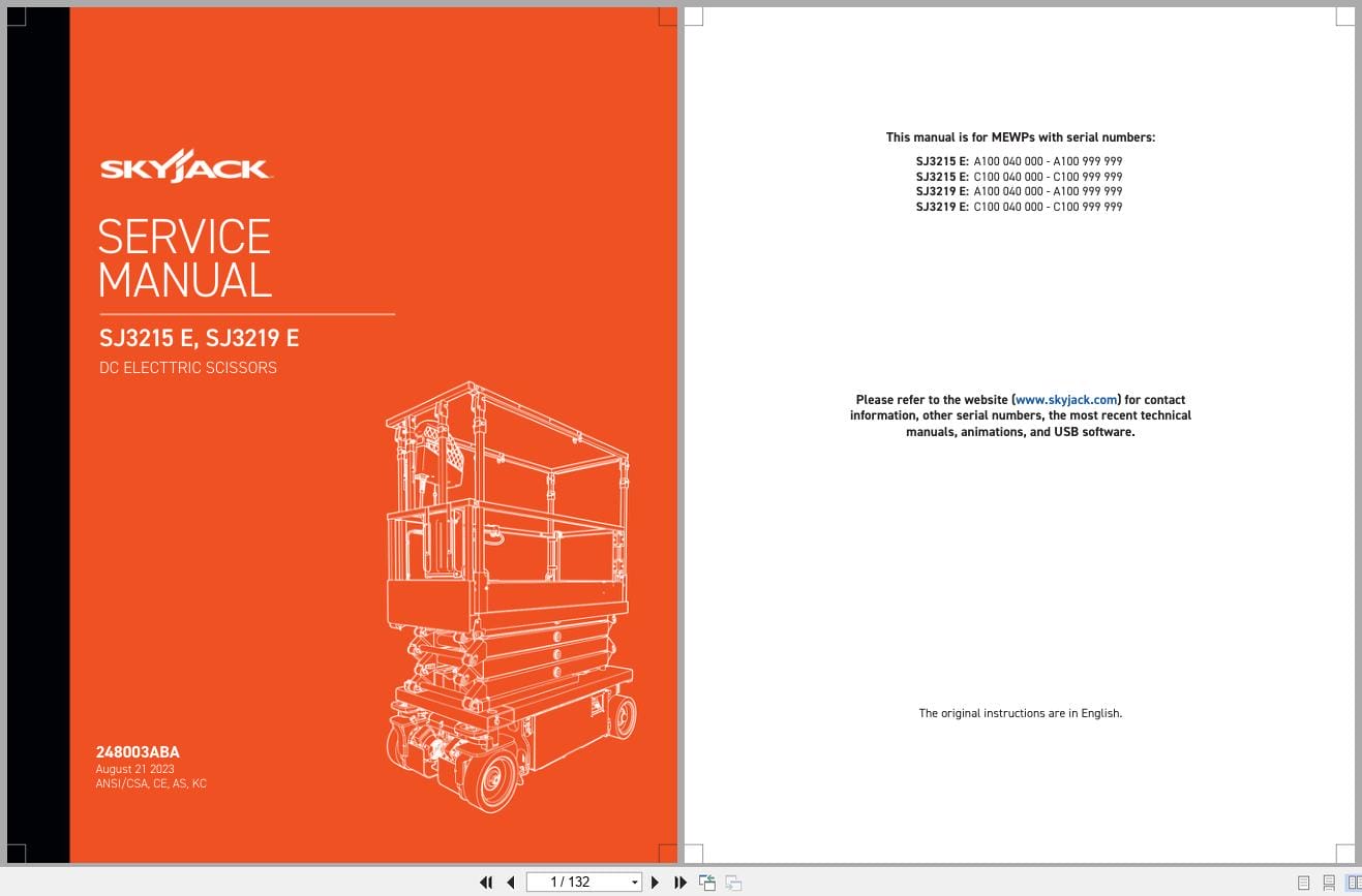 Skyjack DC Electric Scissors SJ3215E SJ3219E Service Manual 248003ABA 2023 (1)