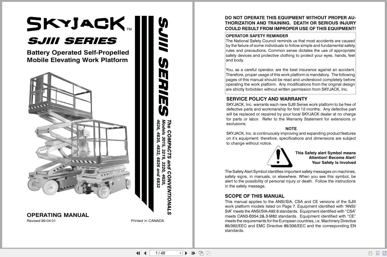 Skyjack DC Electric Scissors SJIII Series 3015 to 6832 Operating Manual 117105 (1)