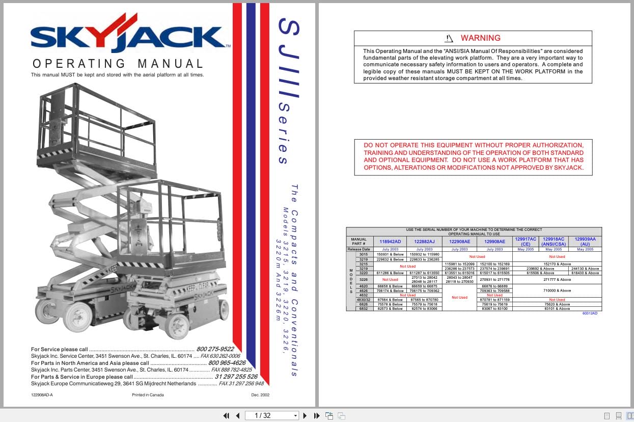 Skyjack DC Electric Scissors SJIII Series 3215 to 3226m Operating Manual 122908AD A 2002 (1)