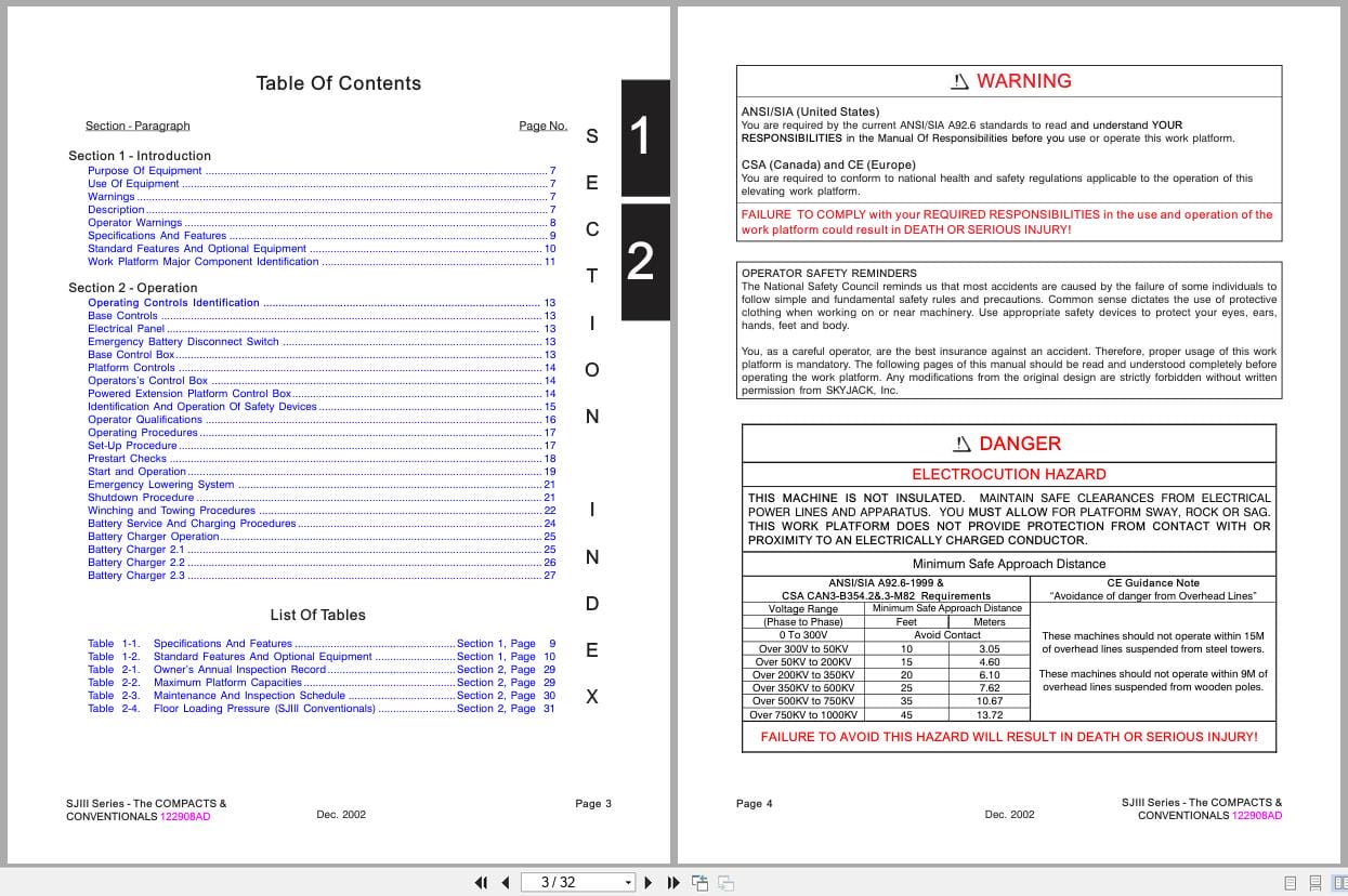 Skyjack DC Electric Scissors SJIII Series 3215 to 3226m Operating Manual 122908AD A 2002 (2)