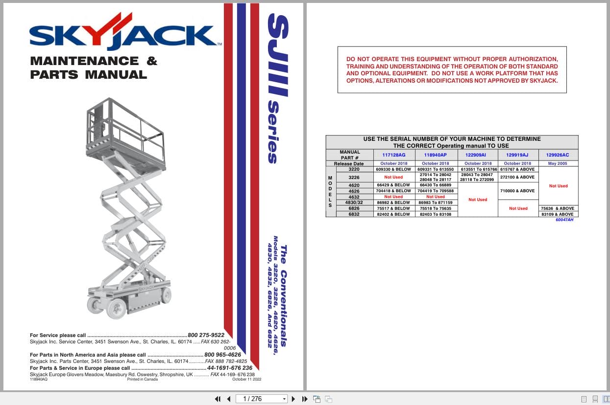 Skyjack DC Electric Scissors SJIII Series 3220 to 6832 Maintenance Parts Manual 118940AQ 2022 (1)