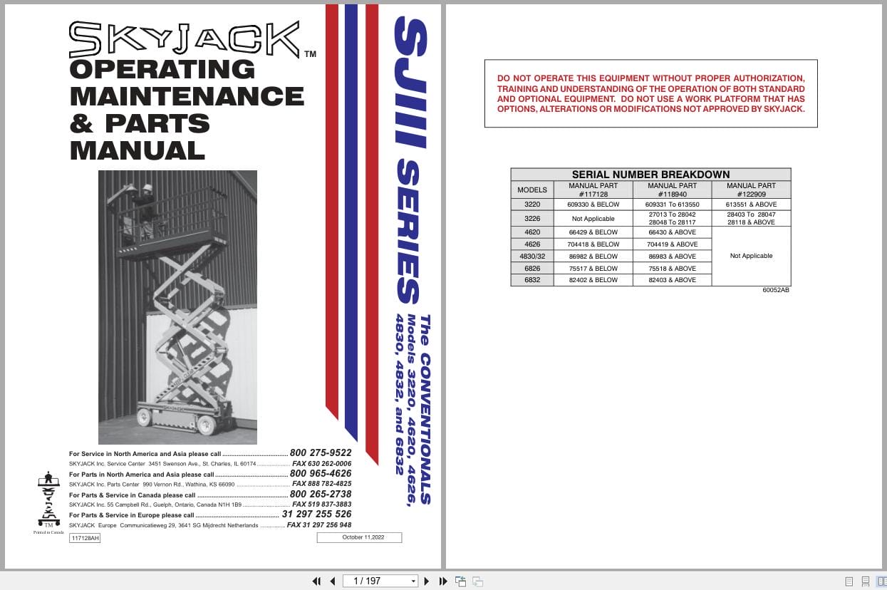 Skyjack DC Electric Scissors SJIII Series 3220 to 6832 Operating Maintenance Parts Manual 117128AH 2022 (1)