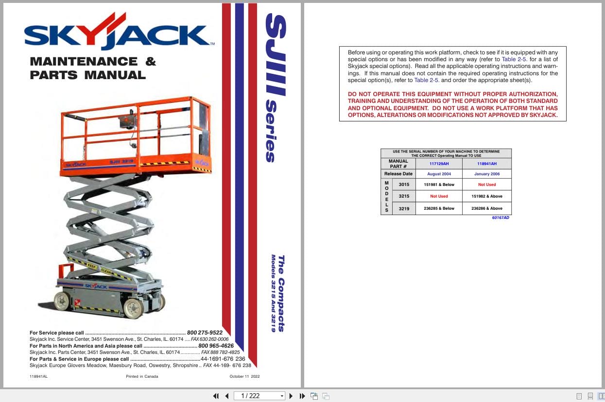 Skyjack DC Electric Scissors SJIII3215 SJIII3219 Maintenance Parts Manual 118941AL 2022 (1)