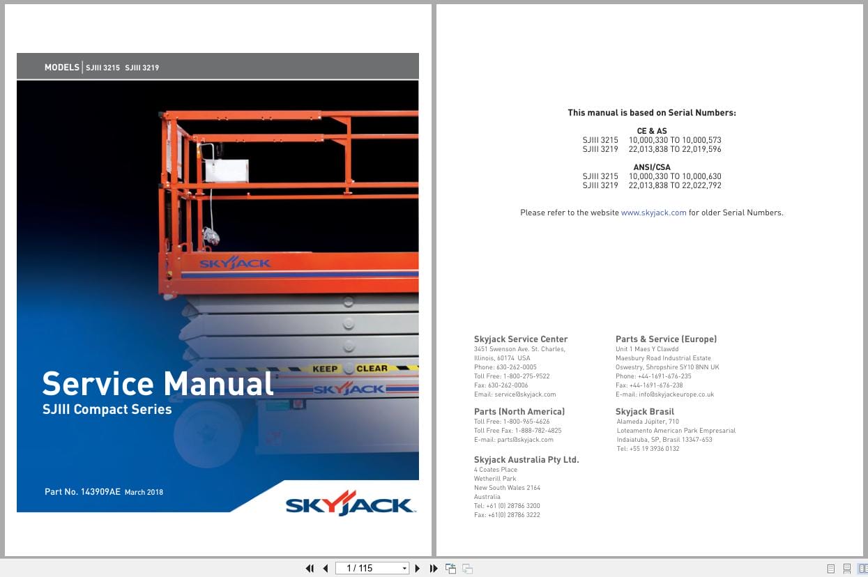 Skyjack DC Electric Scissors SJIII3215 SJIII3219 Service Manual 143909AE 2018 (1)