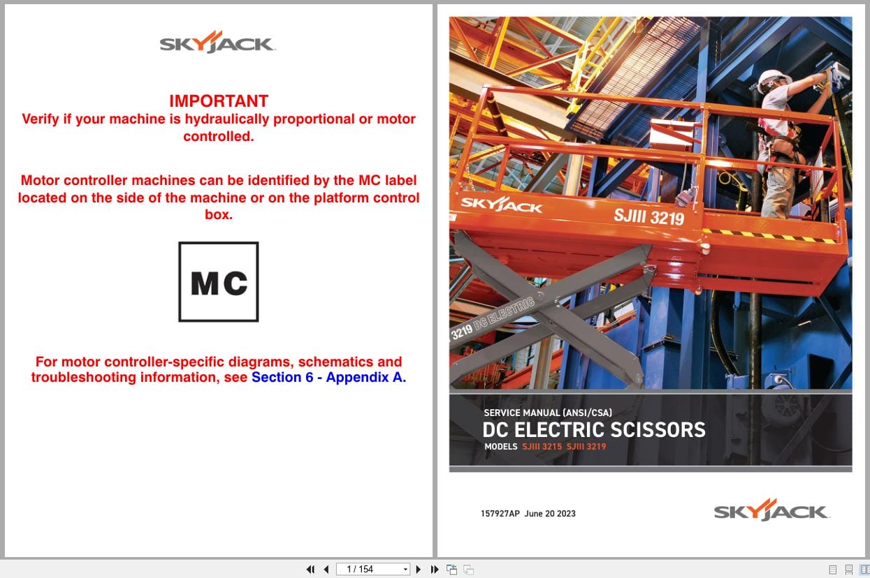 Skyjack DC Electric Scissors SJIII3215 SJIII3219 Service Manual 157927AP 2023 (1)