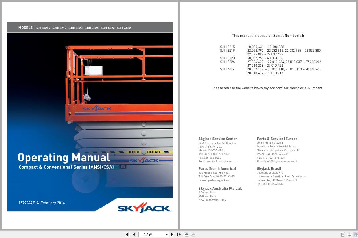 Skyjack DC Electric Scissors SJIII3215 to SJIII4632 Operating Manual 157924AF A 2014 (1)