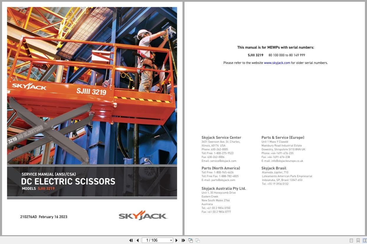 Skyjack DC Electric Scissors SJIII3219 Service Manual 210276AD 2023 (1)