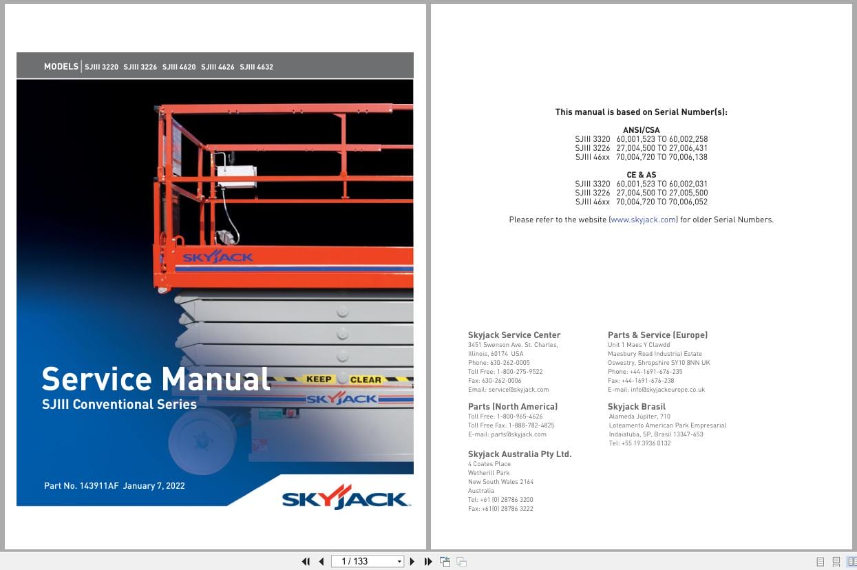 Skyjack DC Electric Scissors SJIII3220 to SJIII4632 Service Manual 143911AF 2022 (1)