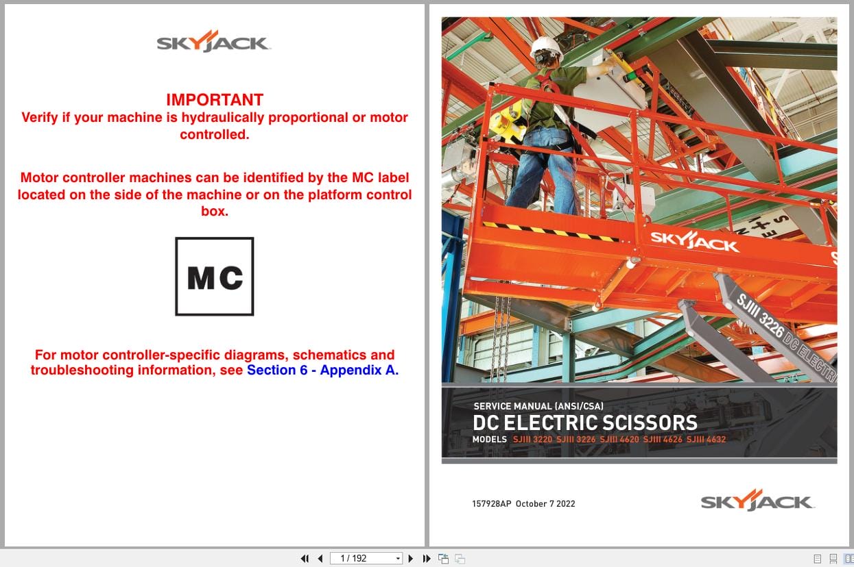 Skyjack DC Electric Scissors SJIII3220 to SJIII4632 Service Manual 157928AP 2022 (1)