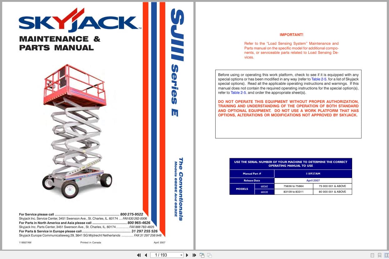 Skyjack DC Electric Scissors SJIII6826E SJIII6832E Maintenance Parts Manual 118937AM 2007 (1)