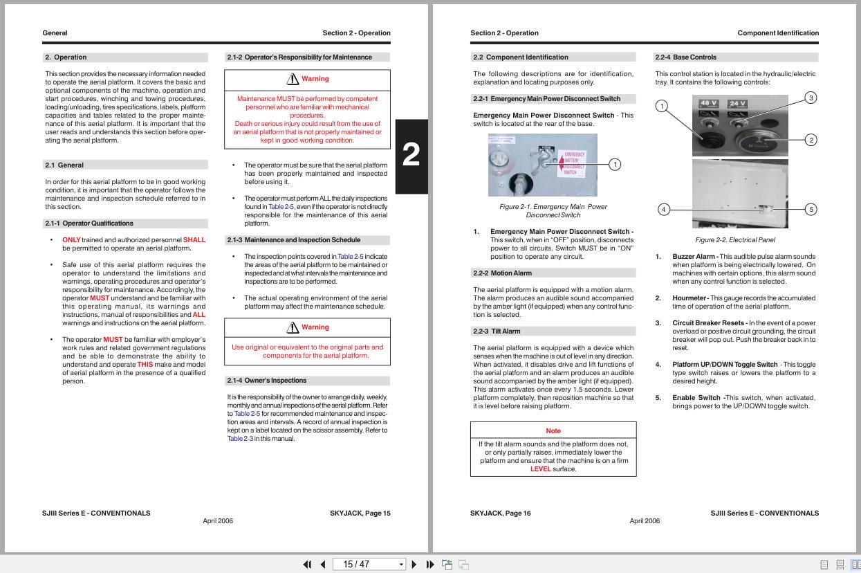 Skyjack DC Electric Scissors SJIII6826E SJIII6832E Operating Manual 129924AB 2006 (2)