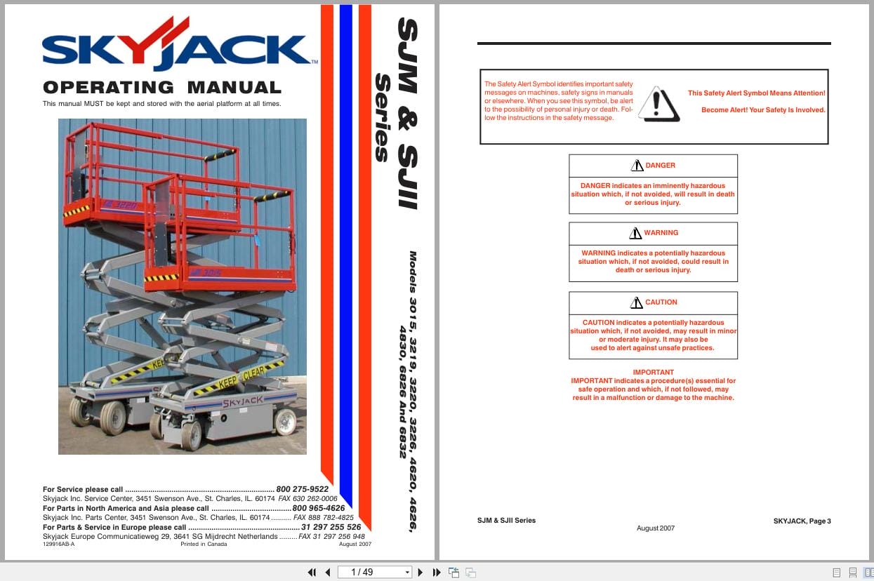 Skyjack DC Electric Scissors SJM SJII Series 3015 to 6832 Operating Manual 129916AB A 2007 (1)