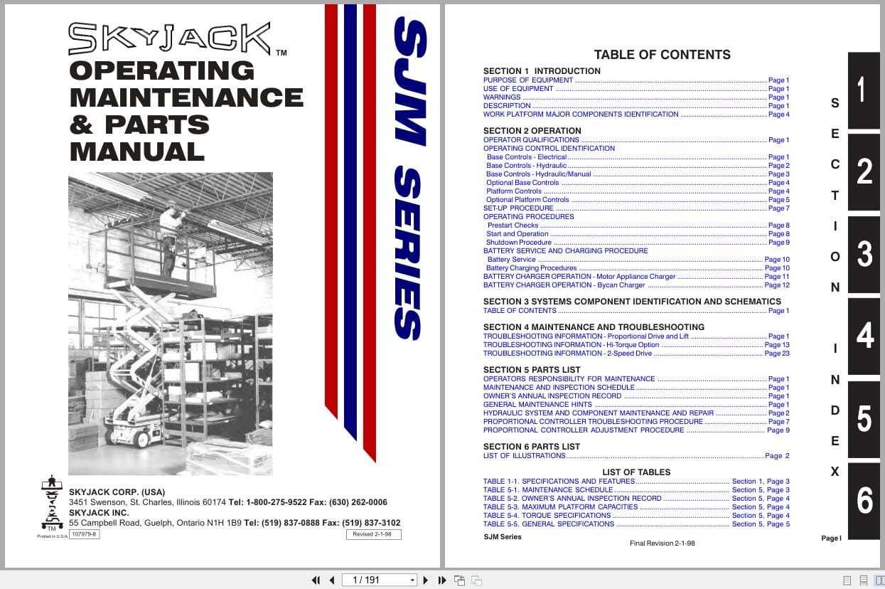 Skyjack DC Electric Scissors SJM3015 SJM3219 Operating Maintenance Parts Manual 107979 8 (1)