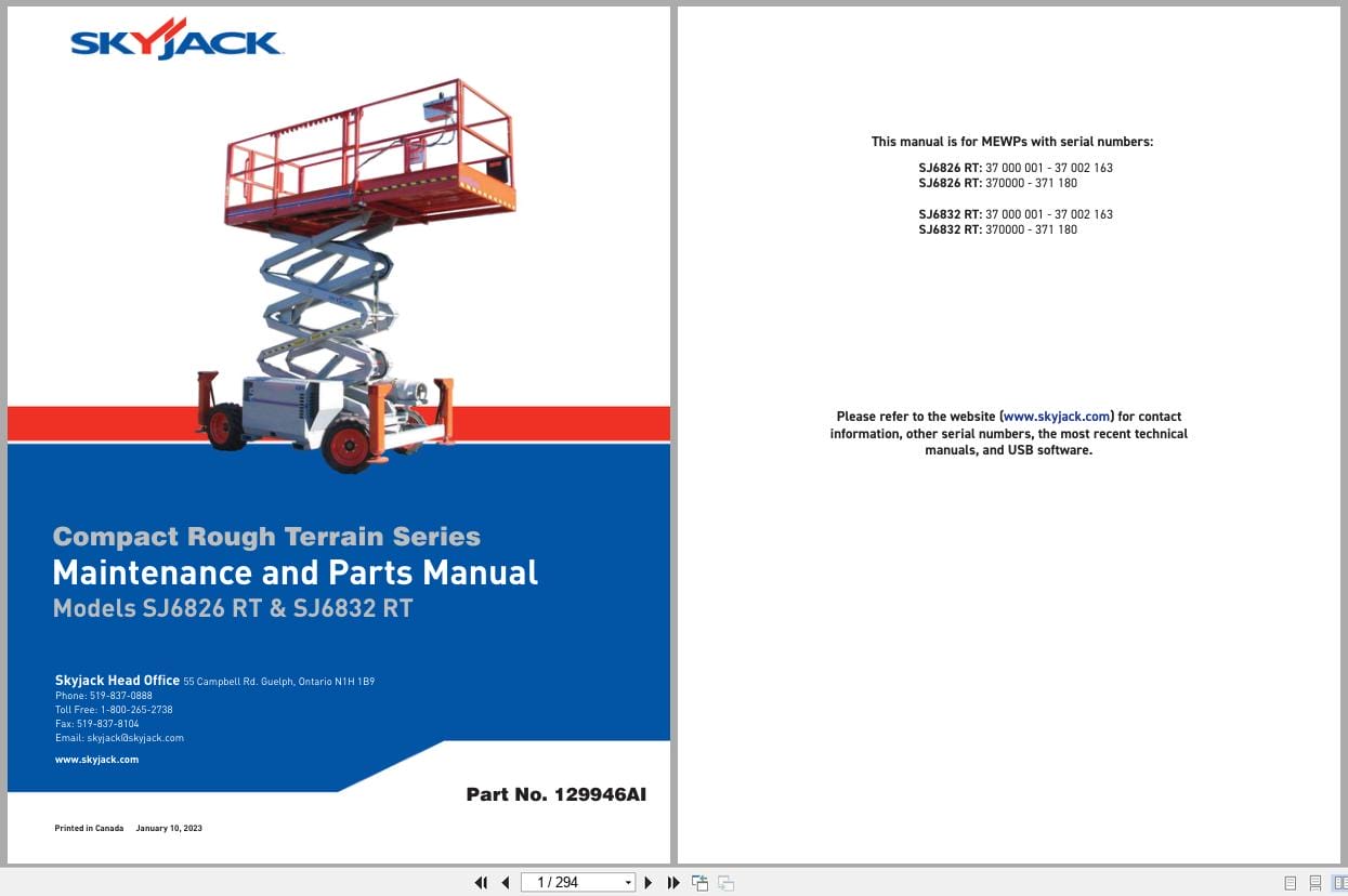 Skyjack Rough Terrain Scissors SJ6826RT SJ6832RT Maintenance Parts Manual 129946AI 2023 (1)