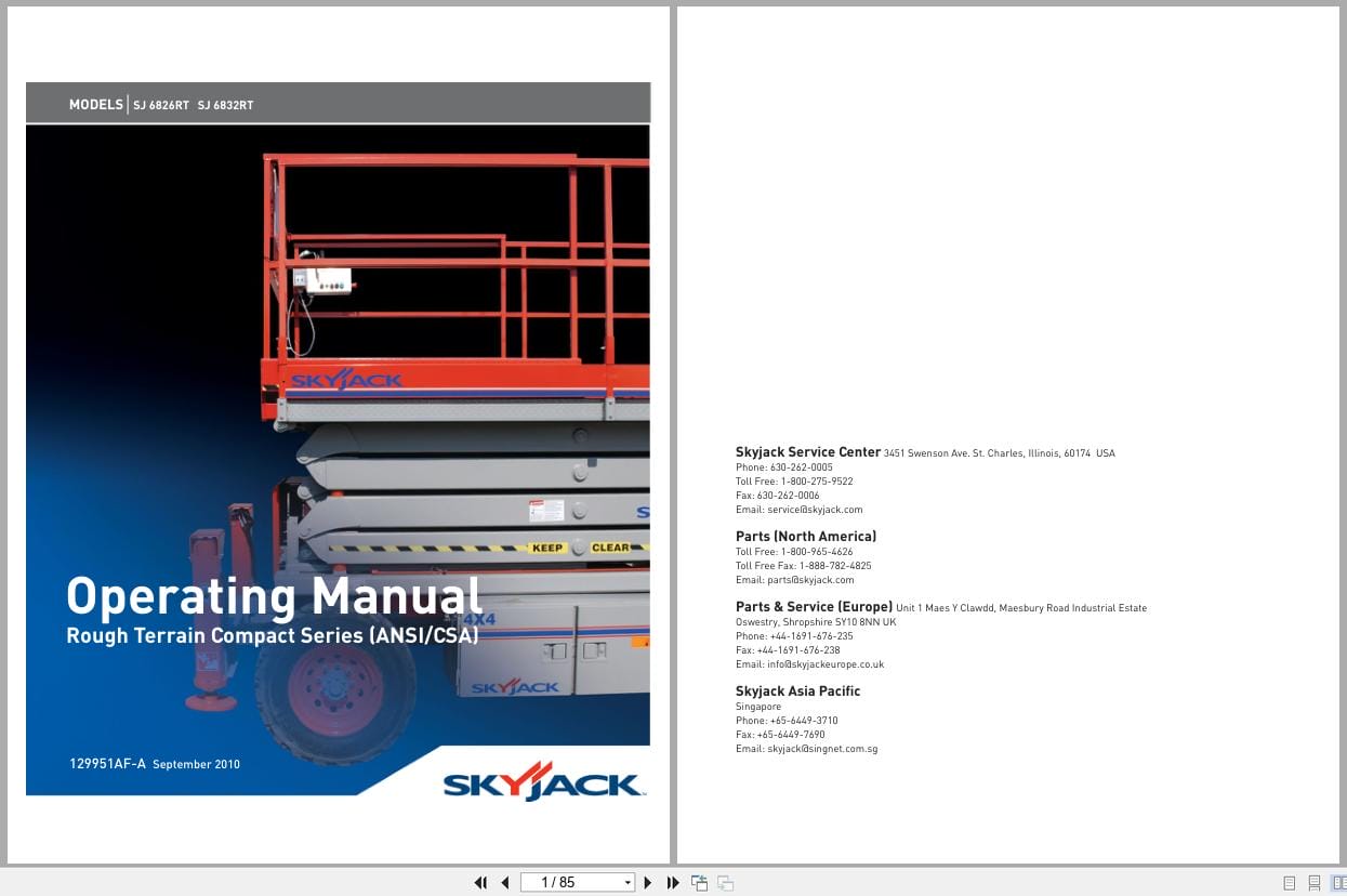 Skyjack Rough Terrain Scissors SJ6826RT SJ6832RT Operating Manual 129951AF A 2010 (1)