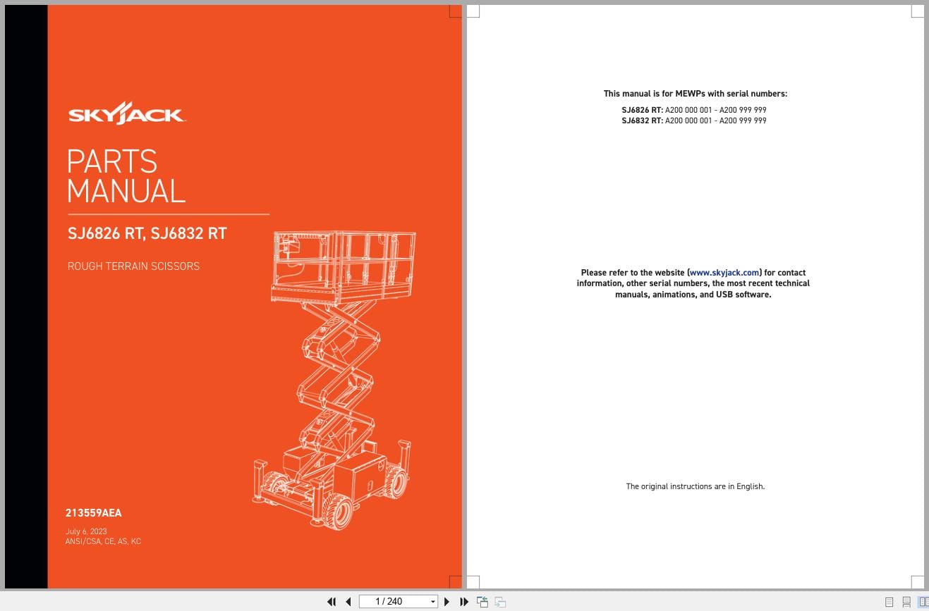 Skyjack Rough Terrain Scissors SJ6826RT SJ6832RT Parts Manual 213559AEA 2023 (1)